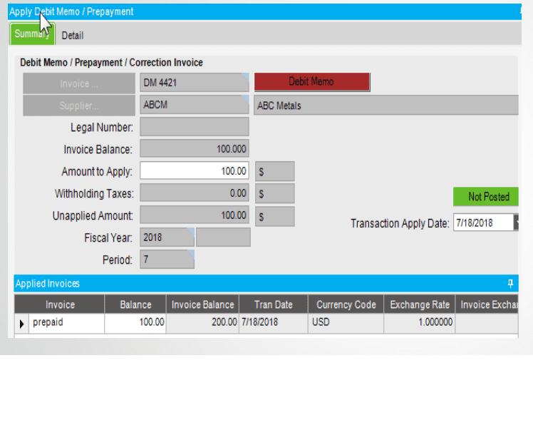 Apply Debit Memo to AP Invoice in Epicor ERP