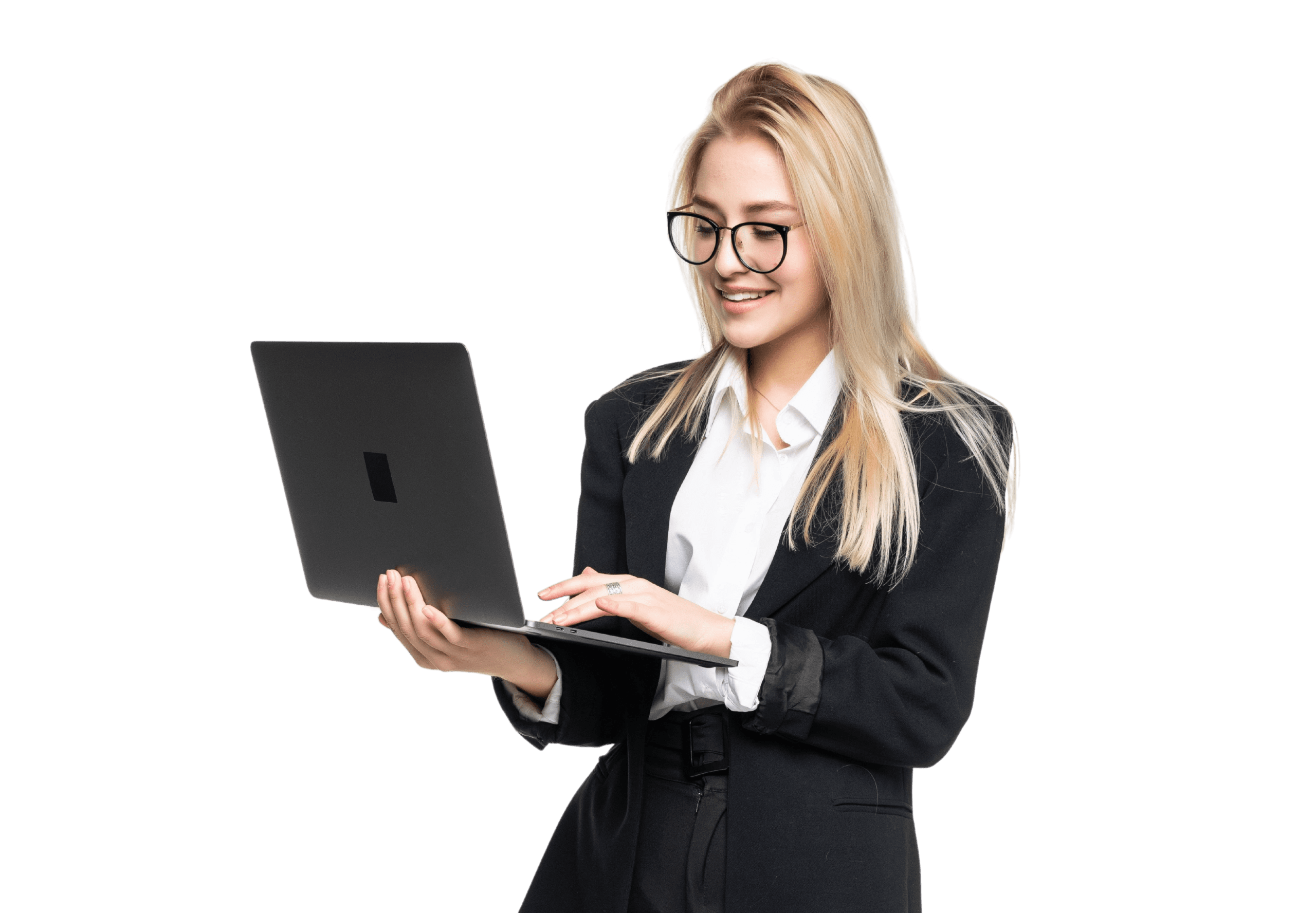 Young female worker holding and looking at laptop while smiling.